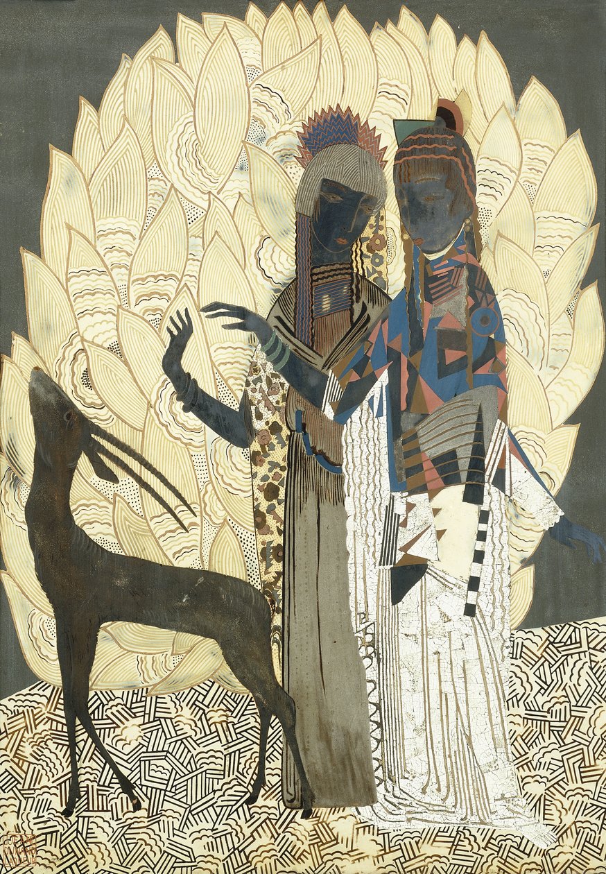 Deux femmes stylisées avec une antilope parmi les feuillages, vers 1928 - Francois Louis (after) Schmied
