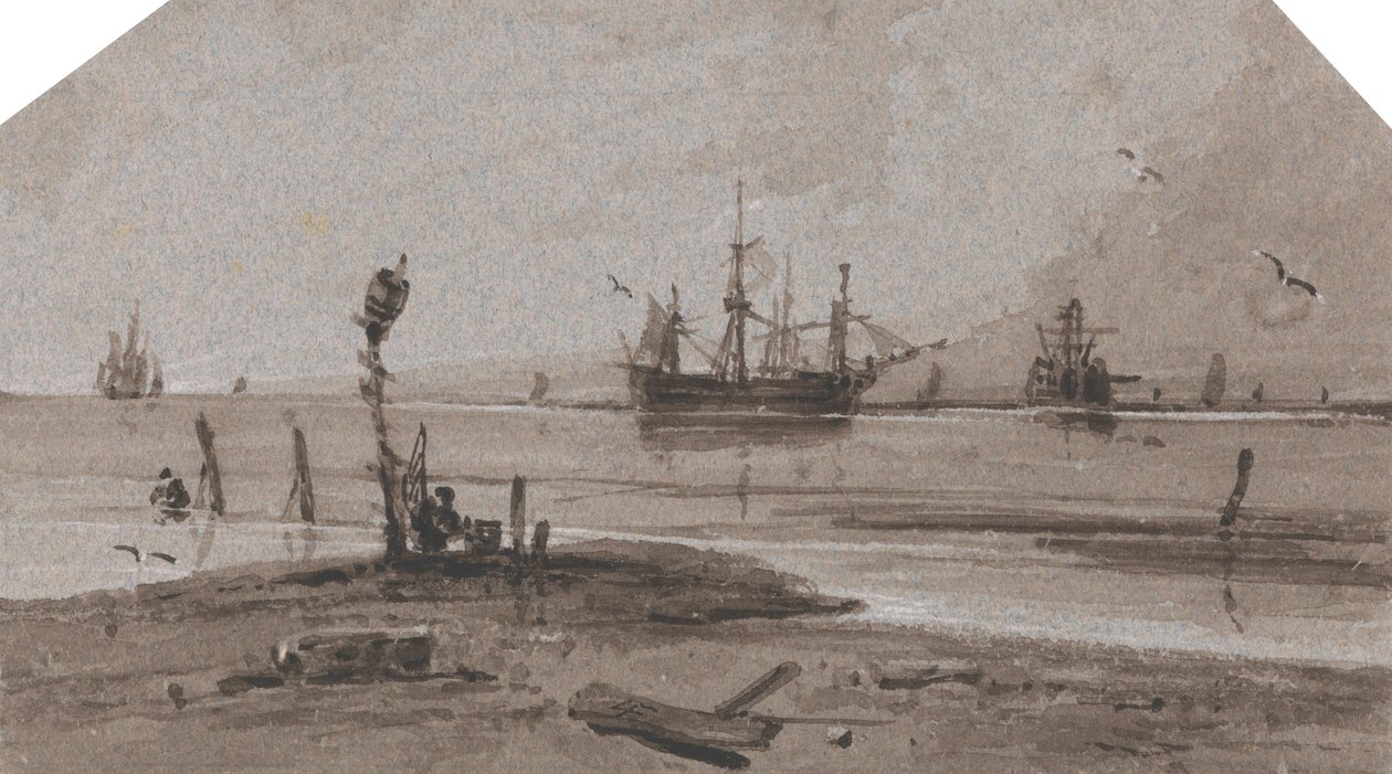 Navires ancrés au large dans une mer calme - Francois Louis Thomas Francia