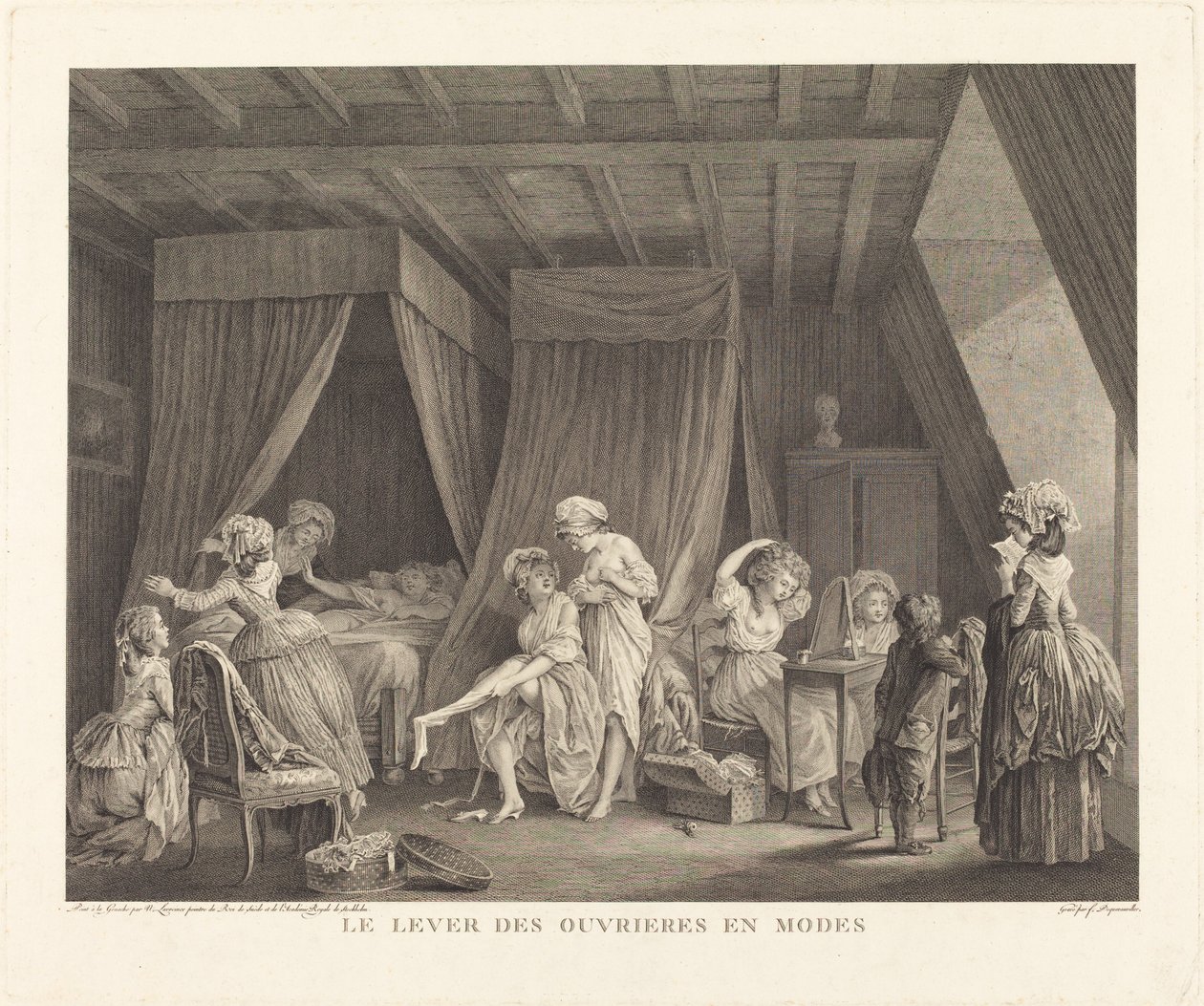 Le lever des ouvrières en modes - Francois Nicolas Barthelemy Dequevauviller after Nicolas Lavreince
