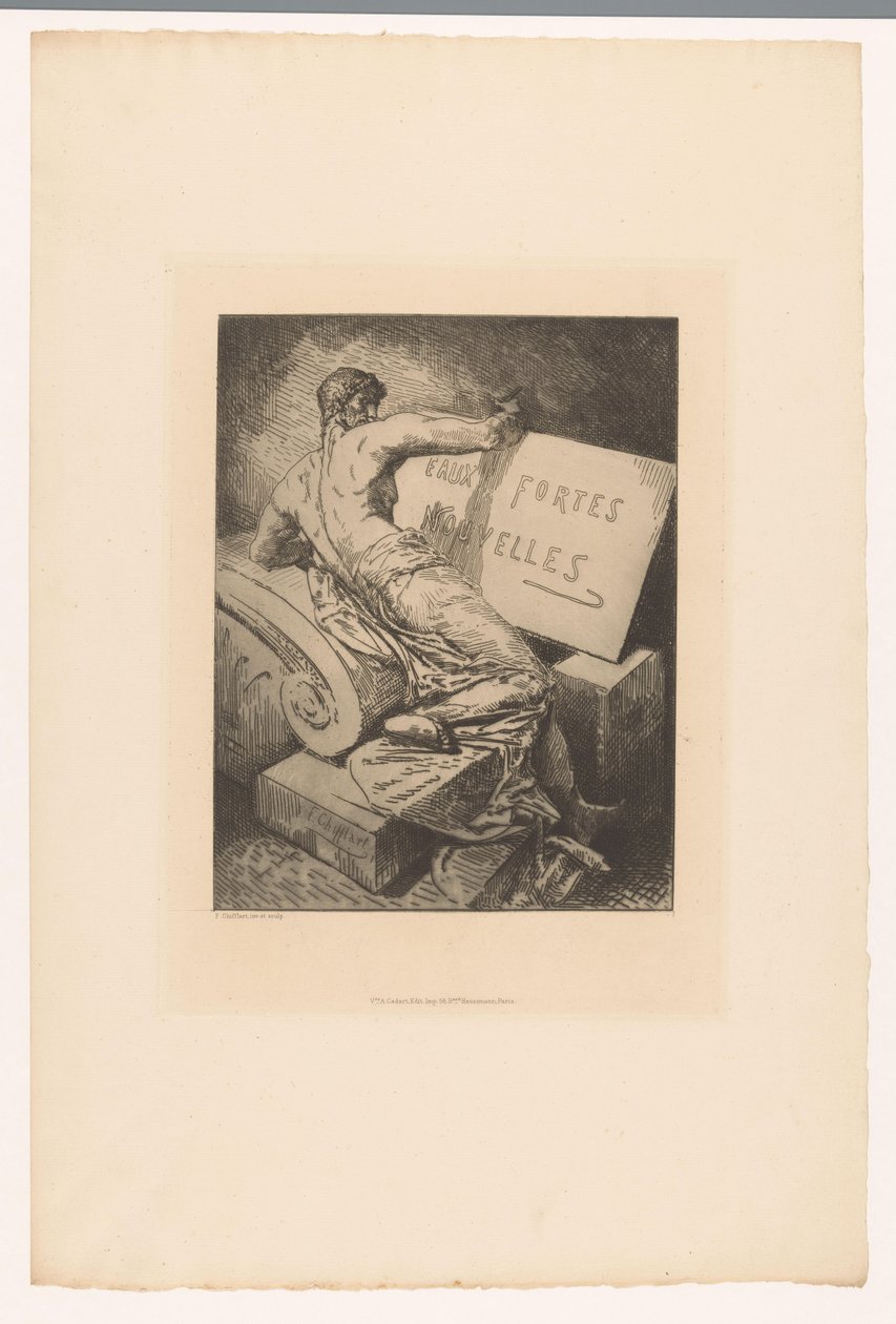 Page de titre avec homme sur un monument en pierre (série: Eaux-fortes nouvelles, 1877) - Francois Nicolas Chifflart
