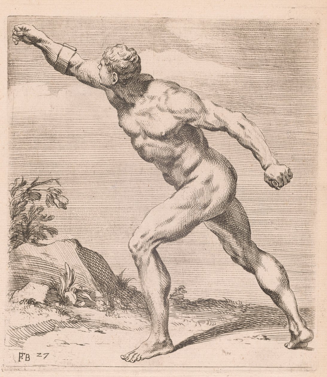 Un homme nu combattant, vue de côté, tourné à gauche (plaque 27) - Francois Perrier