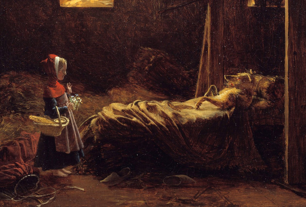 Le Petit Chaperon Rouge, détail. Illustration du conte de Charles Perrault, le Petit Chaperon Rouge devant le loup déguisé en grand-mère - Francois Richard Fleury