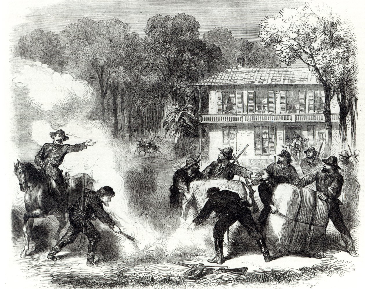 Brûleurs de coton confédérés près de Memphis surpris par des éclaireurs fédéraux pendant la guerre civile américaine, 1862 - Frank Vizetelly