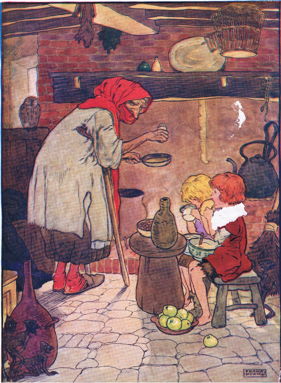 Elle les fit entrer et leur donna un magnifique souper, de Hansel et Gretel publié par Blackie & Son Limited, vers 1940 - Frank Adams