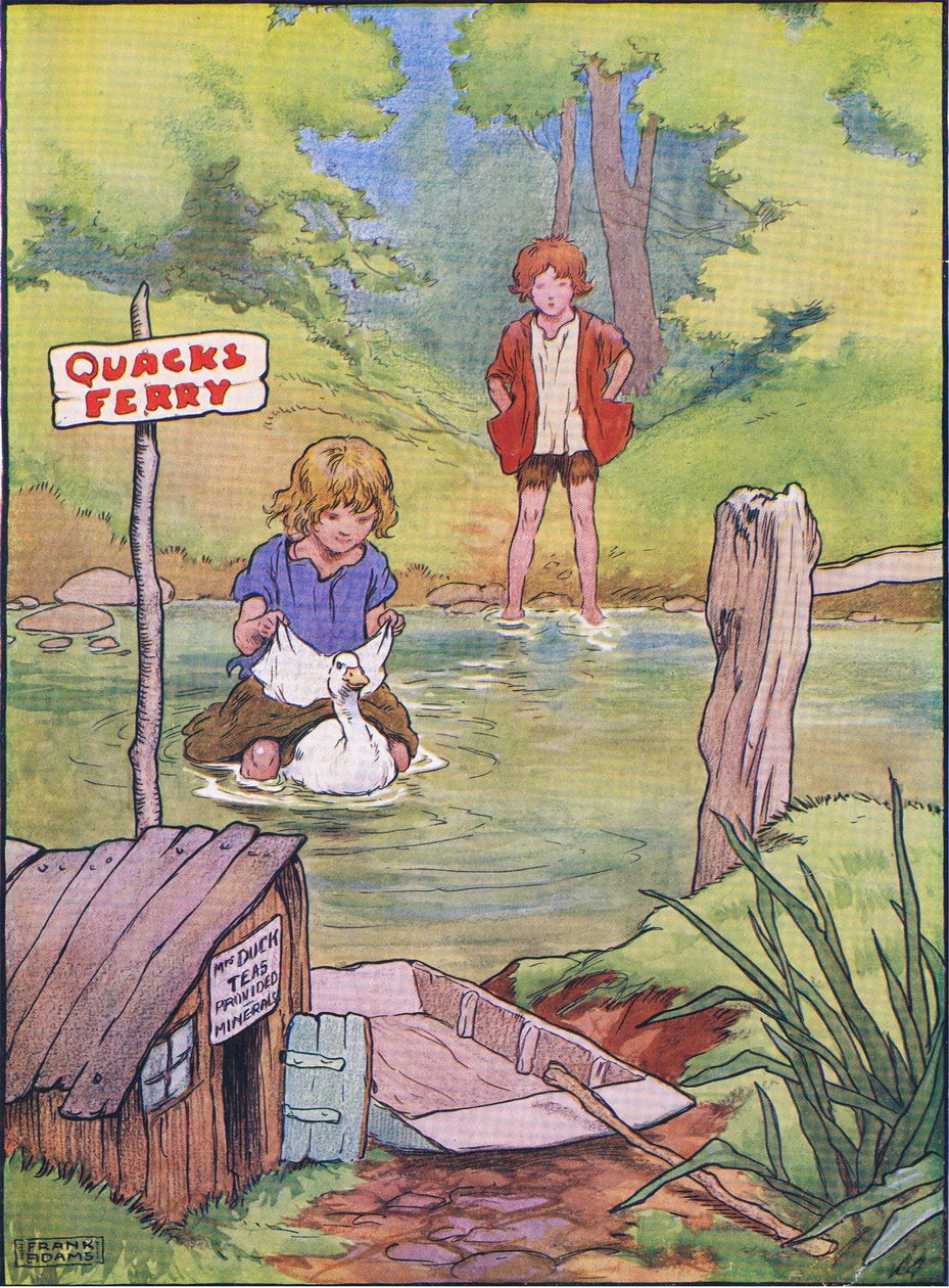 Le canard les a pris un par un sur son dos, de Hansel et Gretel publié par Blackie & Son Limited, vers 1940 - Frank Adams