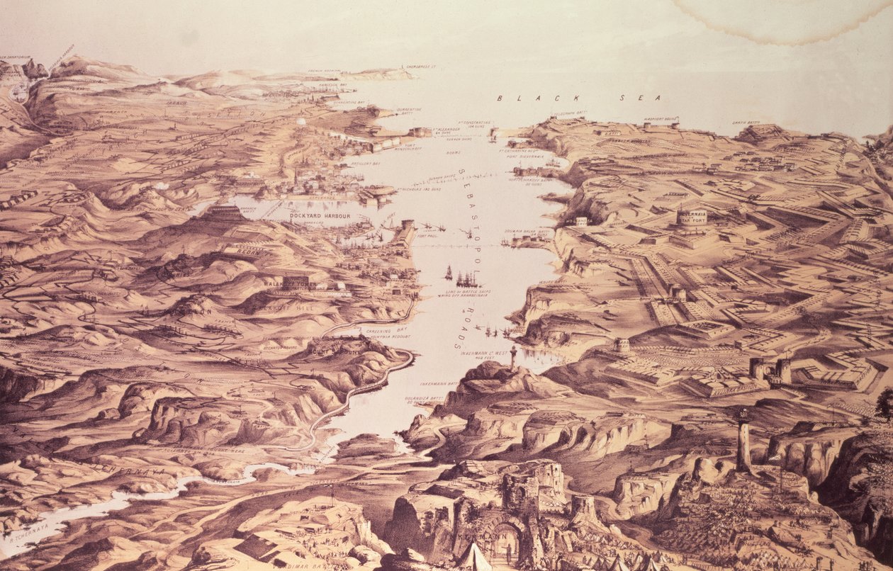 Vue panoramique des côtés nord et sud du port de Sébastopol, conçu et lithographié par Thomas Packer, publié par Stannard et Dixon, 1855 - Frank C. Hughes