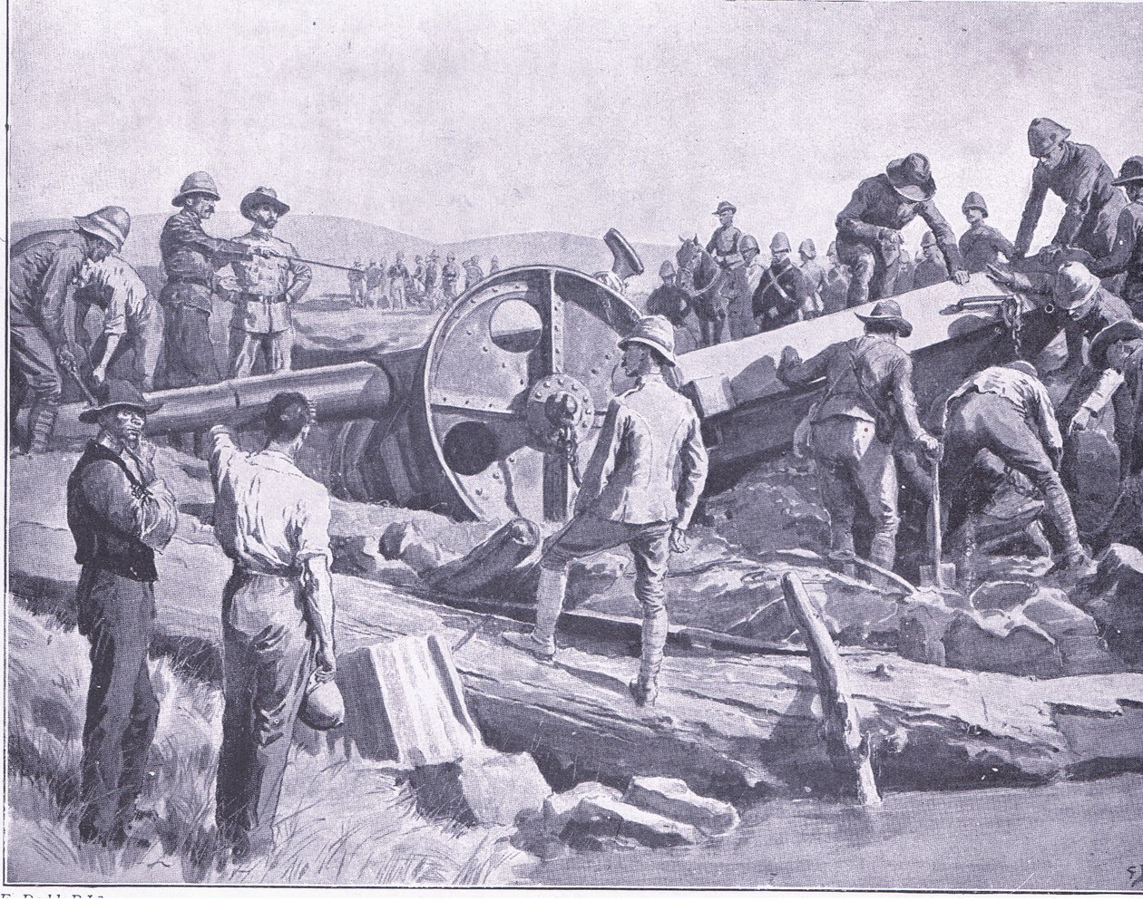 Faire passer un canon par un endroit difficile, illustration de Après Pretoria : La guerre de guérilla, 1902 - Frank Dadd