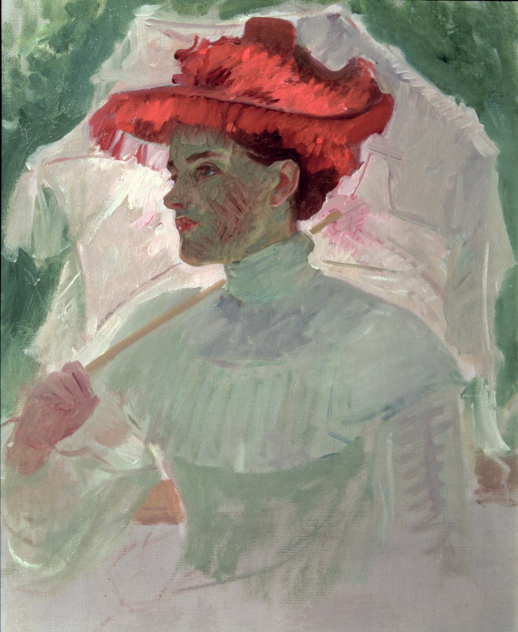 Femme au chapeau rouge et au parasol - Frank Duveneck