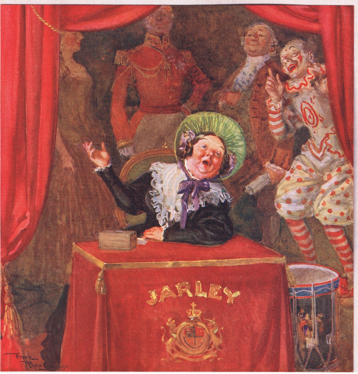 Mme Jarley assise à la caisse, comptant de l