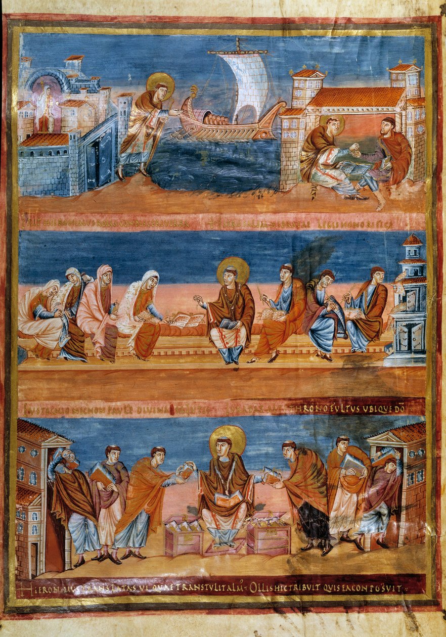 Saint Jérôme quittant Rome et payant son maître à Jérusalem (en haut), travaillant avec ses scribes (au centre) et distribuant la Vulgate (en bas). Miniature dans « Première Bible de Charles le Chauve, également connue sous le nom de Bible de Vivien » (Fol - Frankish School