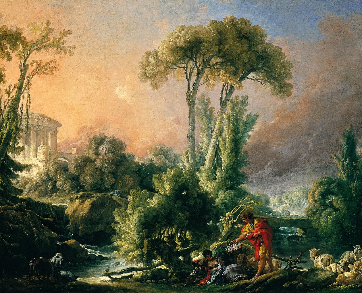 Paysage fluvial avec temple antique - François Boucher