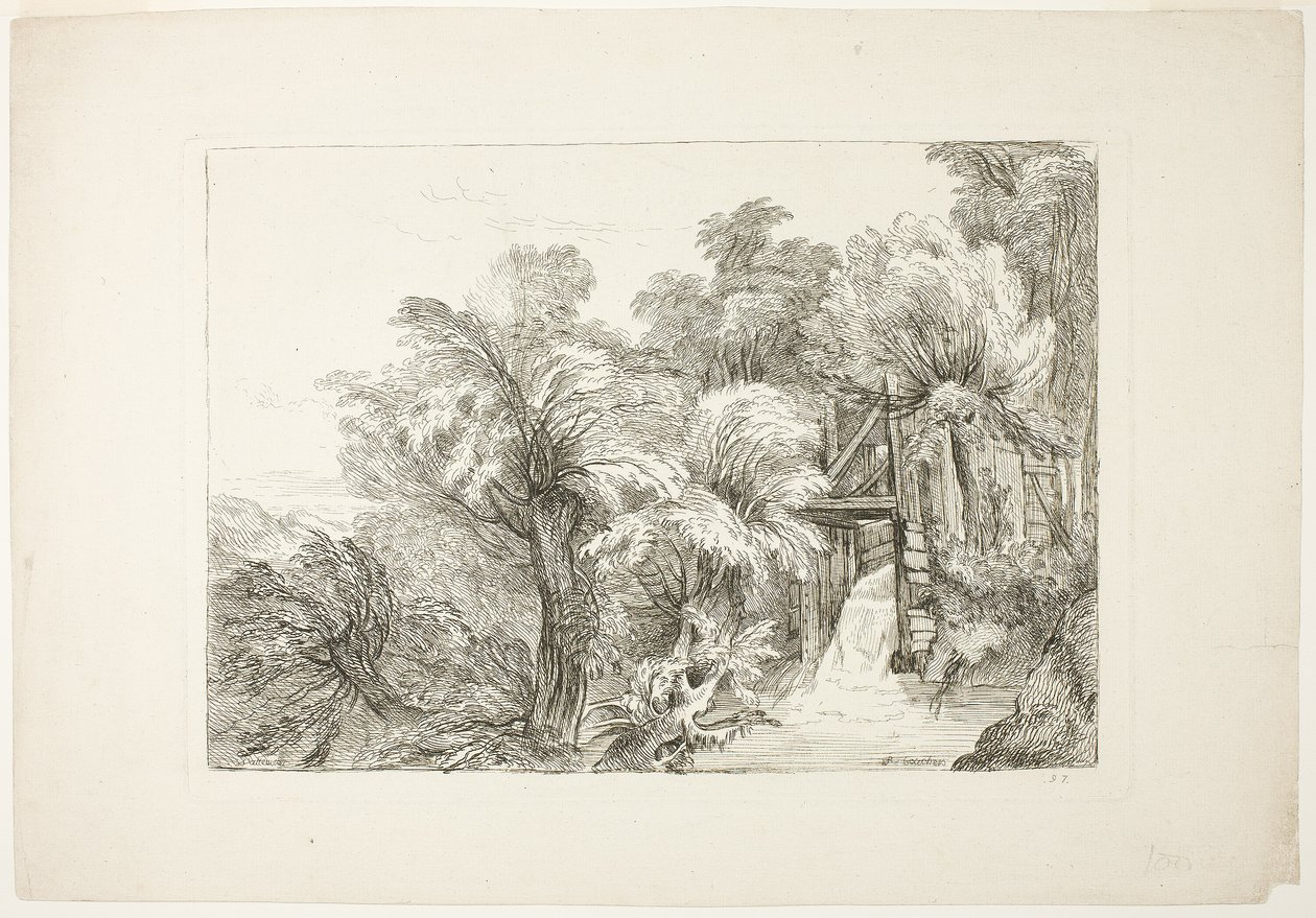 A Mill Lock in the Middle of Willows, plate 97 from Figures de différents caractères, de Paysages, et d’Etudes dessinées d