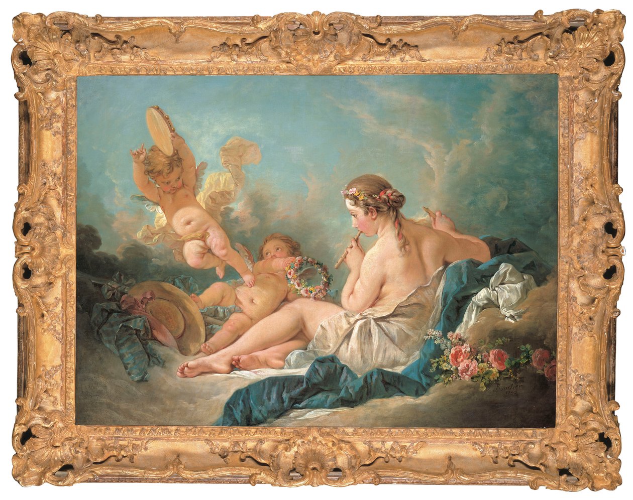 Une nymphe allongée jouant de la flûte avec des putti, peut-être la muse Euterpe - François Boucher