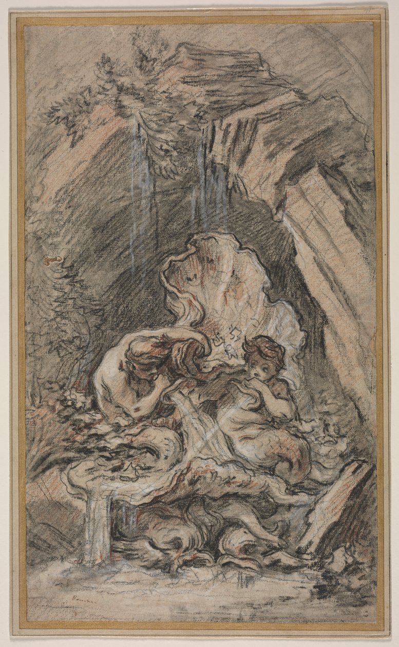 Fontaine avec deux tritons soufflant dans des coquillages - François Boucher