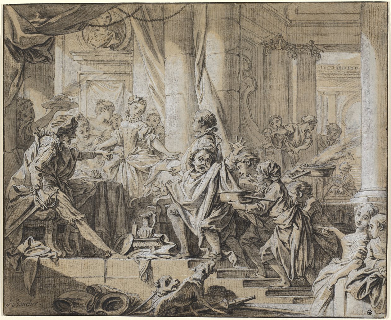 Sancho fuyant les serviteurs du duc - François Boucher