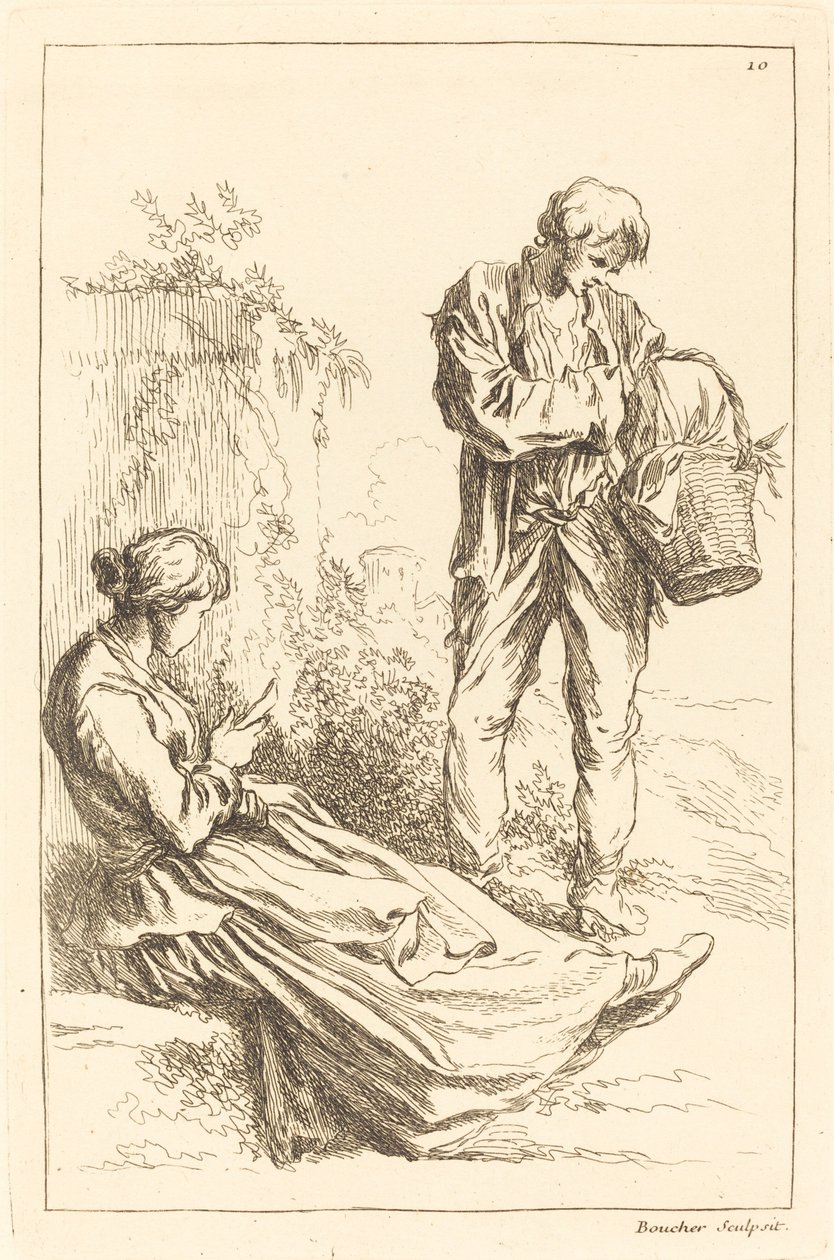 Femme assise avec un garçon paysan tenant un panier - François Boucher after Abraham Bloemaert