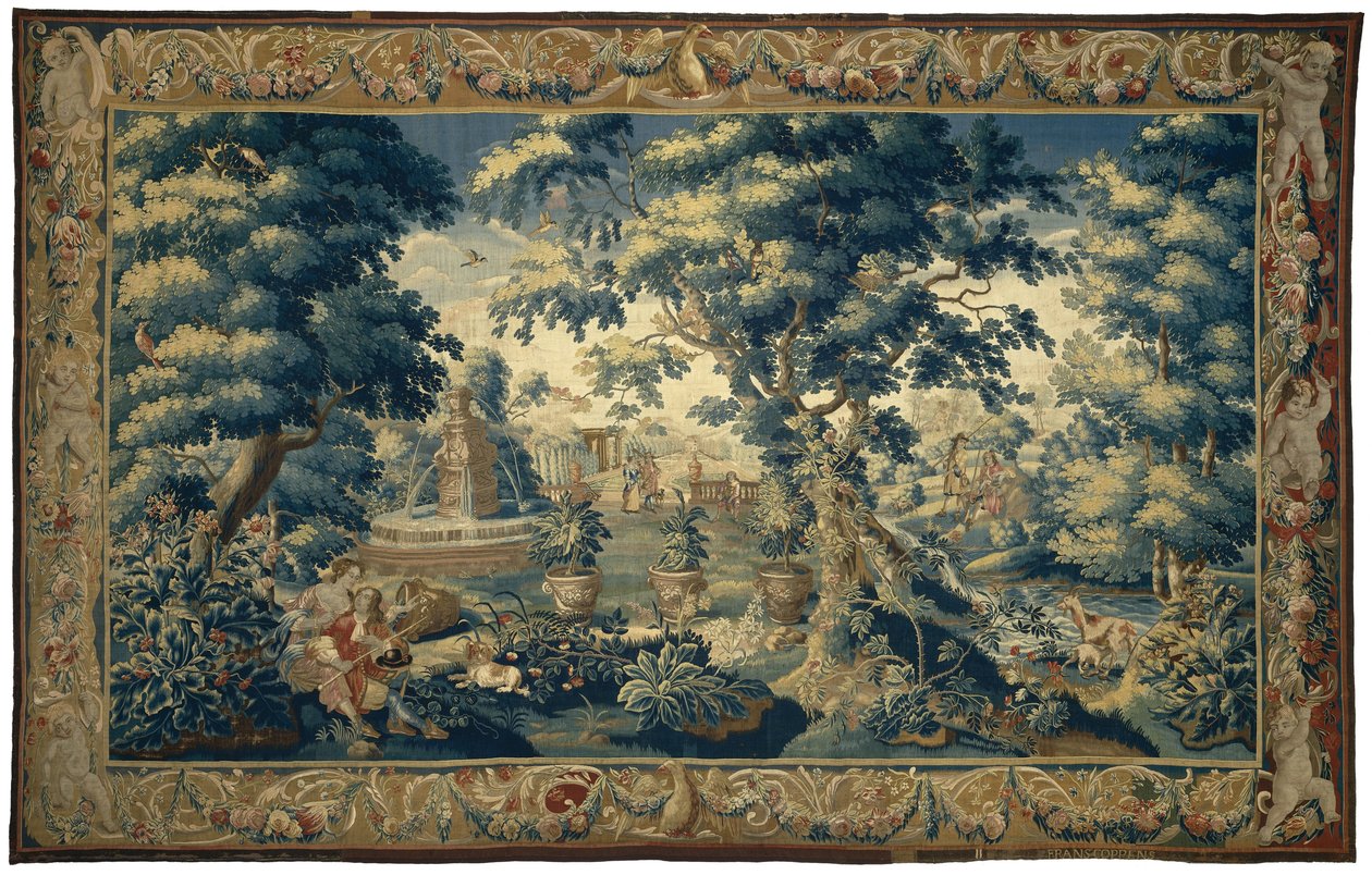 Paysage de parc avec couple assis et chasseurs au repos - François Coppens
