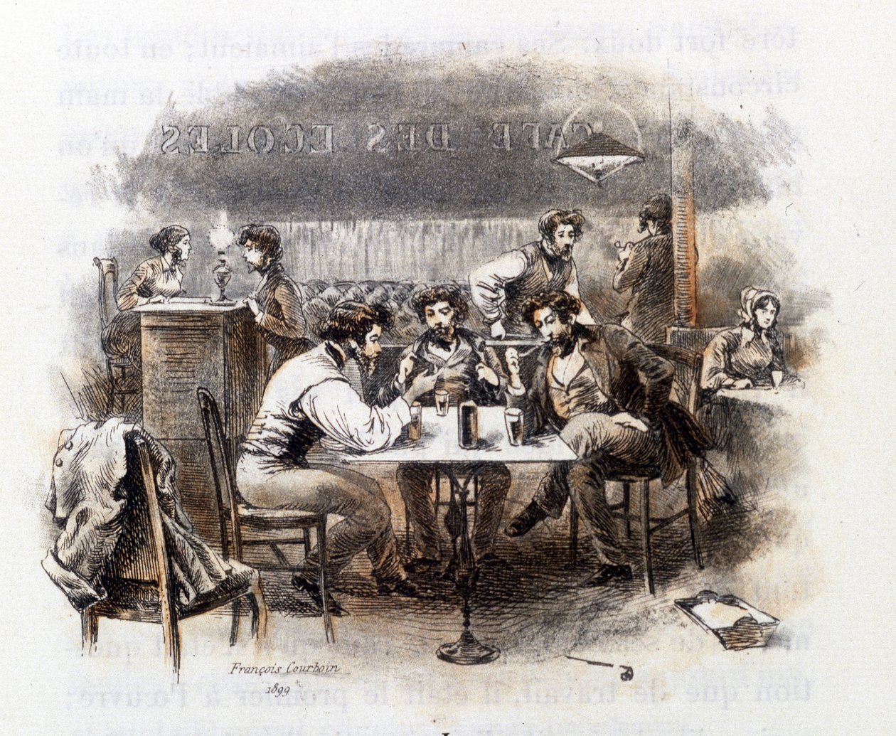 Discussion entre étudiants dans un café parisien. Illustration de "Profil de grisette" appartenant au Recueil "Mimi de Pinson" par Alfred de Musset - François Courboin