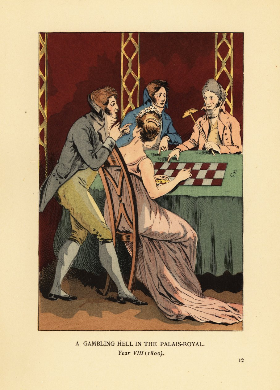 Incroyables à la mode en vestes à col haut à une table de jeu avec une jeune femme et un croupier. Un enfer du jeu au Palais Royal, An VIII - François Courboin