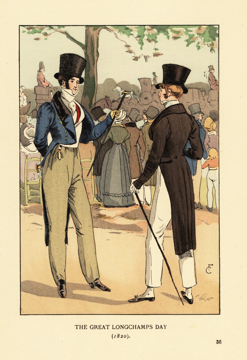 Gentlemen à la mode en chapeau haut de forme et queue-de-pie avec cannes. Un grand jour de course à l
