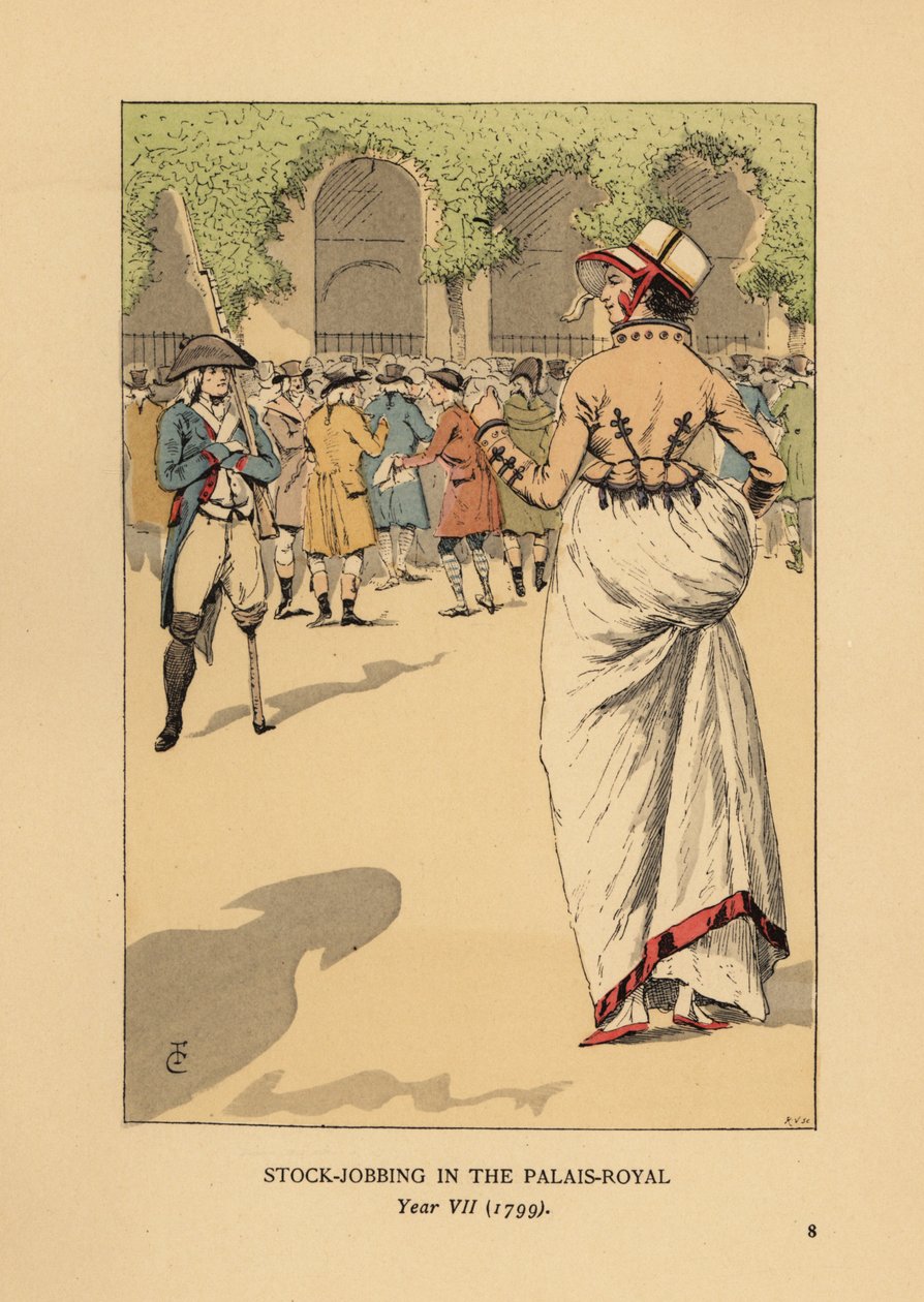 Femme à la mode avec un groupe de spéculateurs ou agioteurs, Paris. Un soldat révolutionnaire unijambiste monte la garde. Spéculation boursière au Palais Royal, An VII - François Courboin