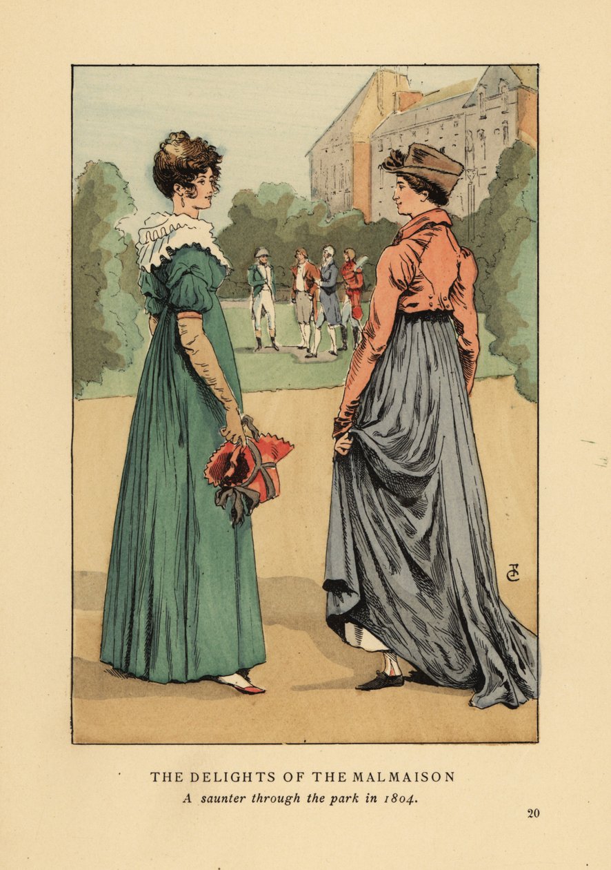 Femmes à la mode profitant des délices du Château de Malmaison. Une promenade dans le parc en 1804. Lithographie en couleur par R.V. d