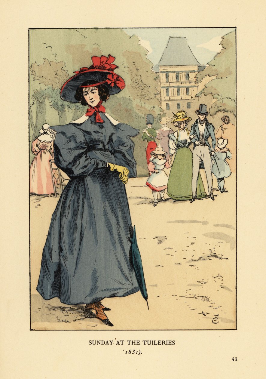 Femme se promenant en tenue du dimanche dans le parc. Elle porte un chapeau à large bord, une robe à manches bouffantes, des bottines et un parasol. Dimanche au jardin des Tuileries - François Courboin