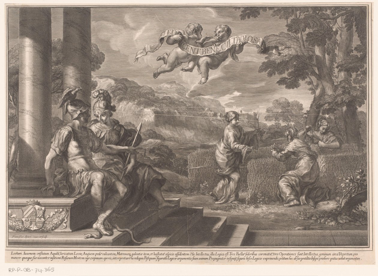 Personnifications assises du Génie et de la Philosophie avec des nymphes plantant des roses - François Spierre