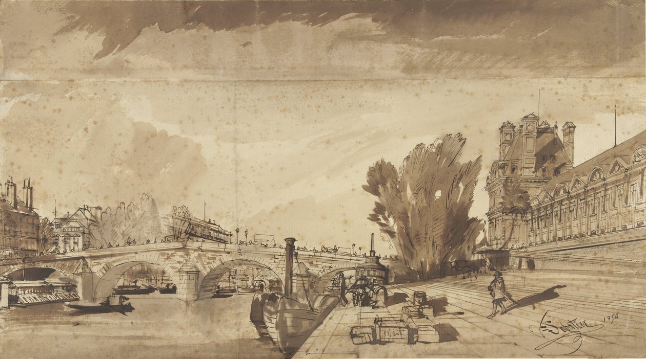 La Seine et le Pont Royal; à droite le pavillon de Flore et une aile du Louvre - François Victor Sabatier