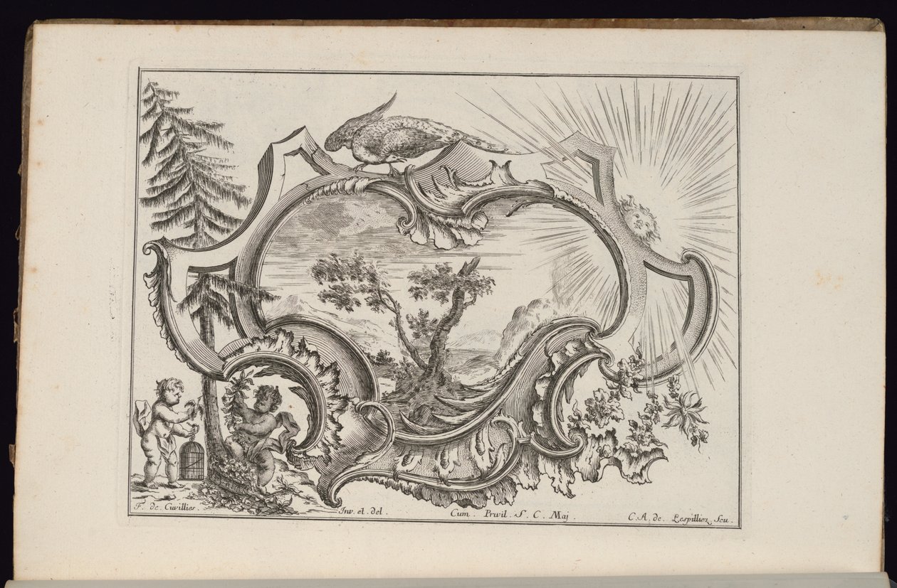 Cartouche avec oiseau et soleil, Livre de Cartouches Irréguliers - François de Cuvilliés the Elder