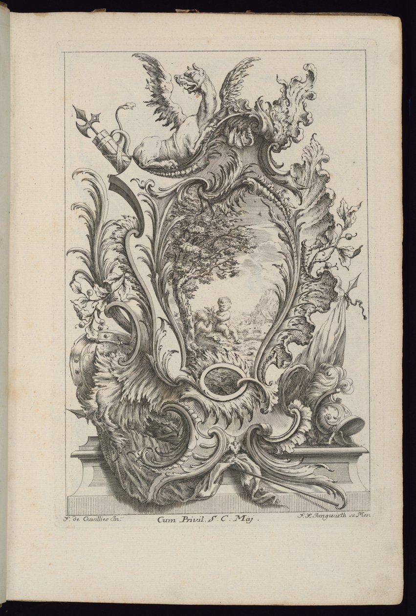 Cartouche avec un dragon et un trophée armorial, Livre de Cartouches à divers usages - François de Cuvilliés the Elder