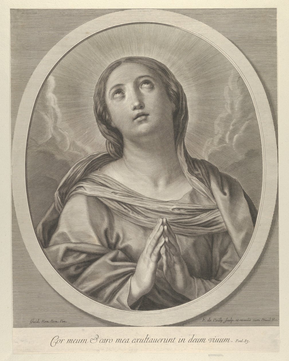 La Vierge en prière, regardant vers le haut avec des nuages derrière elle, dans un cadre ovale, d