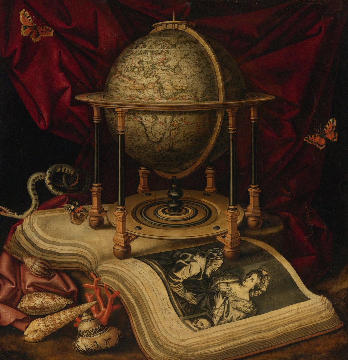 Nature morte de vanité avec globe céleste, un livre, des coquillages, un serpent et des papillons - Frans Luycx