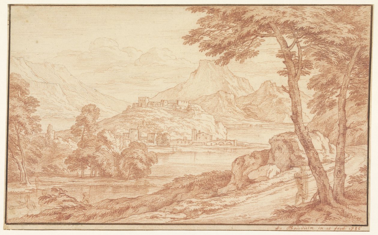 Paysage avec un village au bord de l