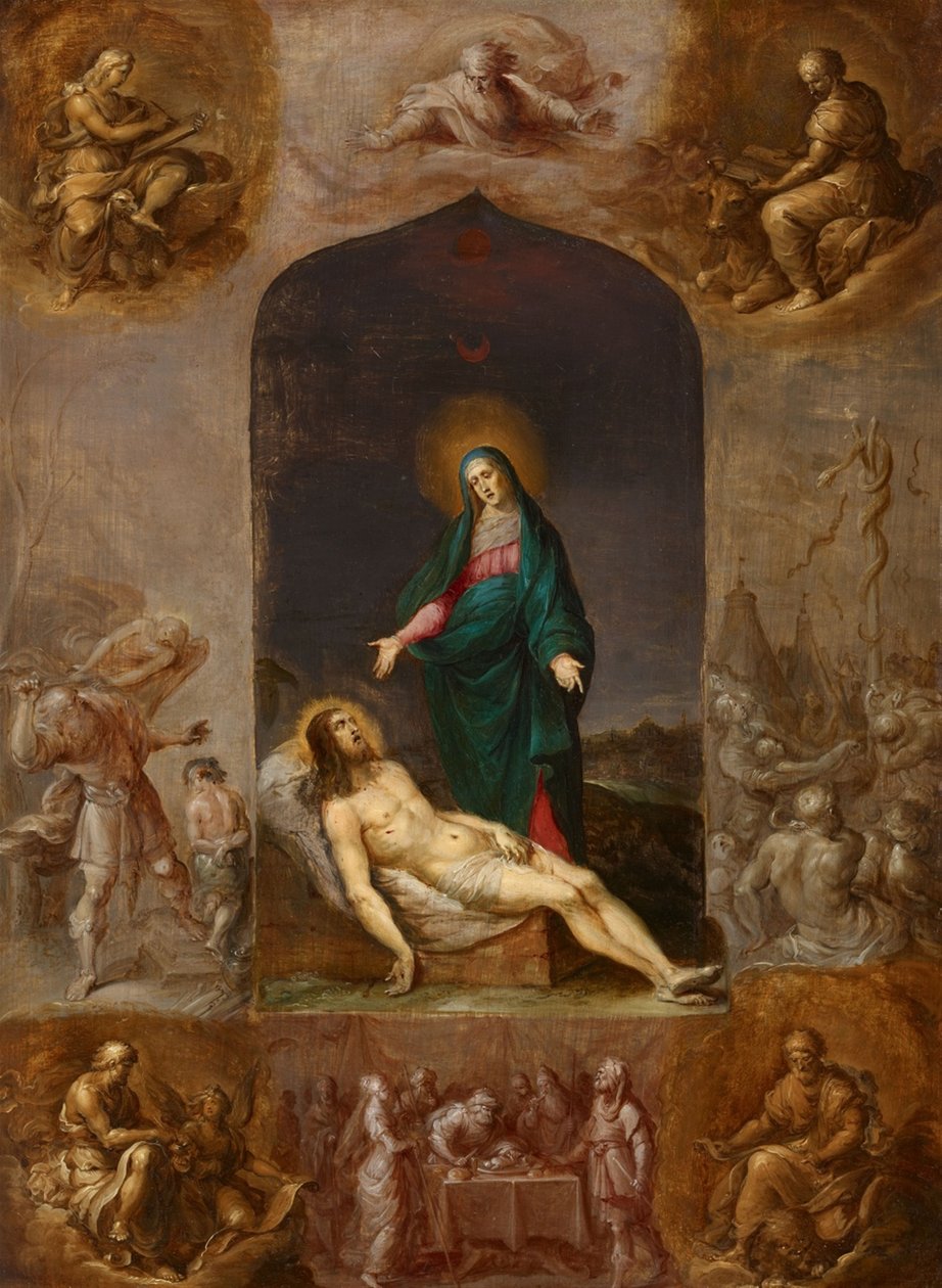 Pietà entourée de grisailles des quatre évangélistes et de scènes de l