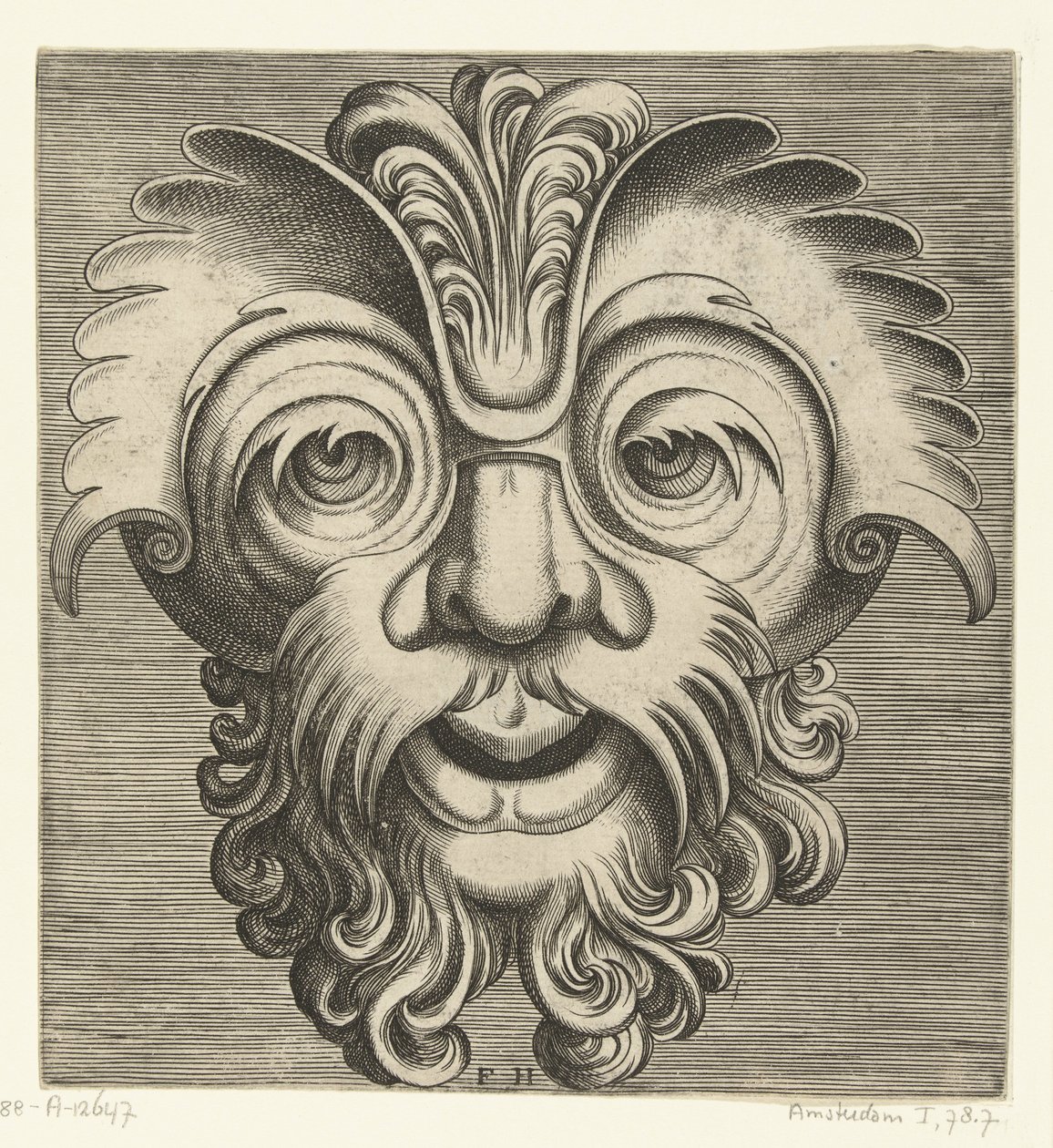 Masque avec barbe et moustache bouclées, une touffe de boucles repose sur l