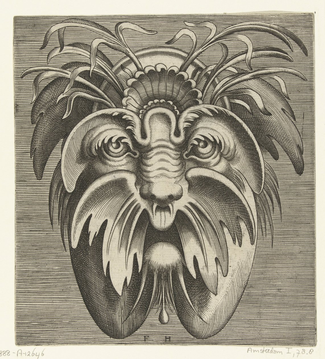 Masque avec des joues tombantes et une moustache, des herbes dans les cheveux - Frans Huys