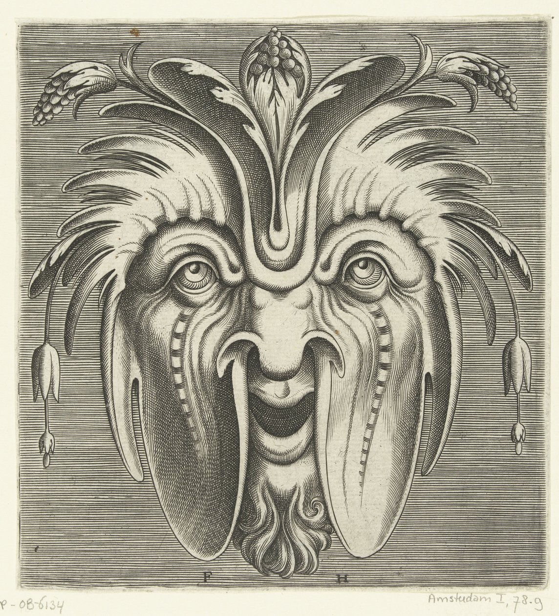 Masque avec joues tombantes et grappes de baies dans les cheveux Pourtraicture ingenieuse de plusieurs facons de masques... (titre de la série) - Frans Huys