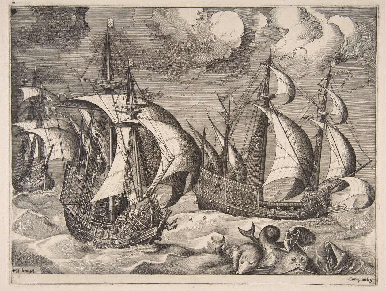 Trois caravelles dans une tempête montante avec Arion sur un dauphin (Les Vaisseaux à voile) - Frans Huys