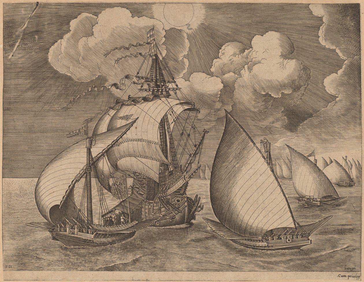Une flotte de galères escortée par une caravelle - Frans Huys after Pieter Bruegel the Elder