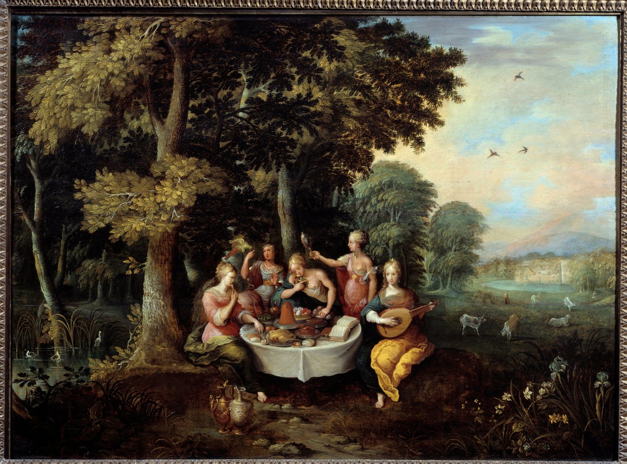 Les cinq sens. Jeunes femmes dans un paysage avec banquet (goût), musique (ouïe), miroir (vue), bouquet de fleurs (odorat) et caresse (toucher). Peinture de Franz Francken II le Jeune (1581-1642) XVIIe siècle Toulouse, musée - Frans II Francken