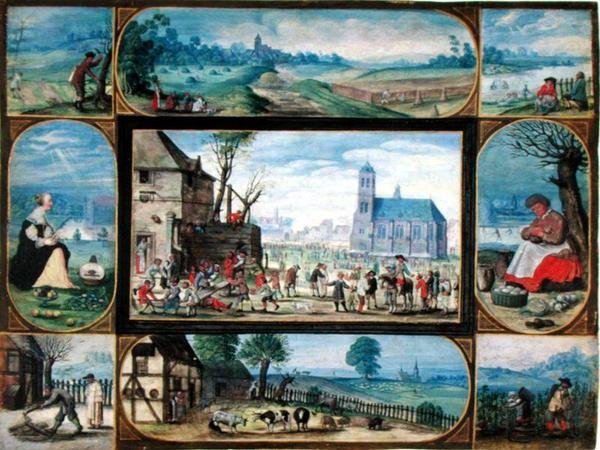 Composite de dix scènes allégoriques de la vie en ville et à la campagne (gouache avec touches d