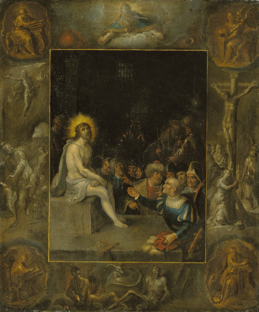 La Dérision du Christ, dans un entourage en grisaille représentant Dieu le Père, les Évangélistes, La Crucifixion, La Résurrection et Le Diable et la Mort avec le Serpent couronné - Frans II the Younger Francken