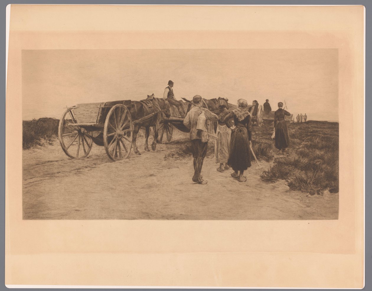 Travailleurs agricoles sur un chemin avec des charrettes et des outils - Frans Lauwers