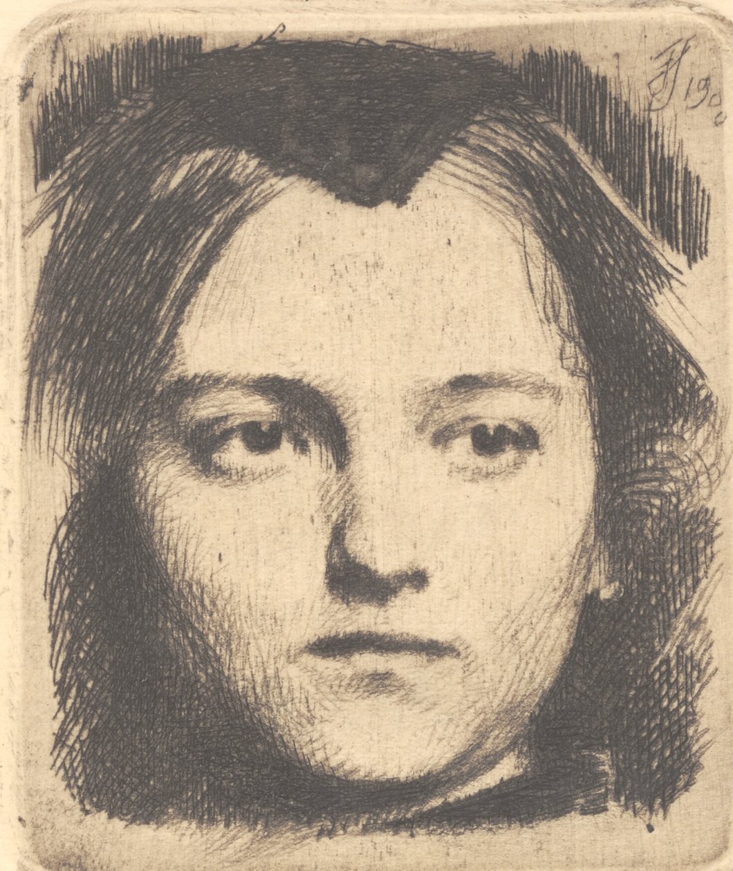 Jeune tête de femme, de face, avec un bonnet. Plaque d