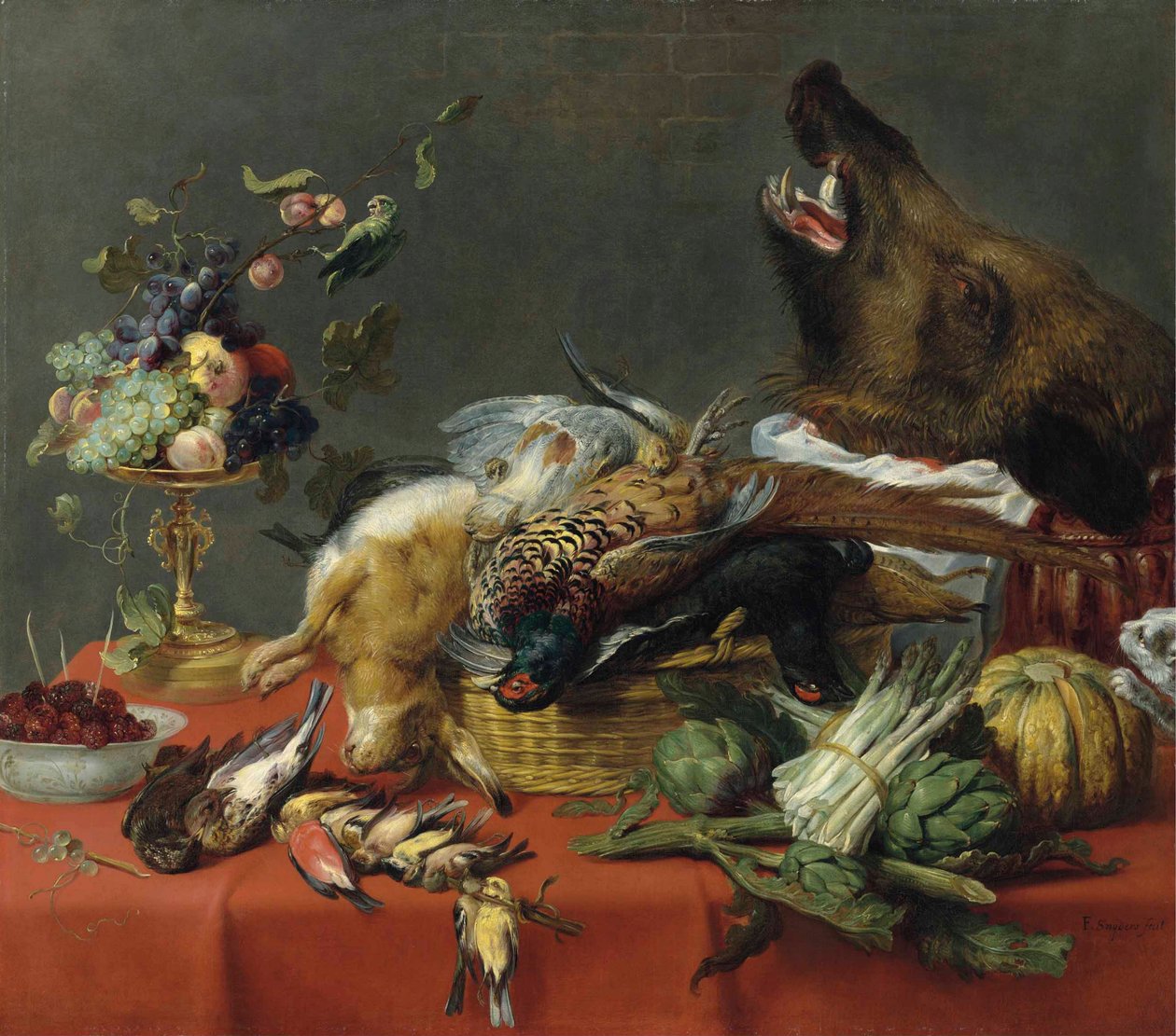 Table drapée chargée de gibier, de fruits, de légumes et d