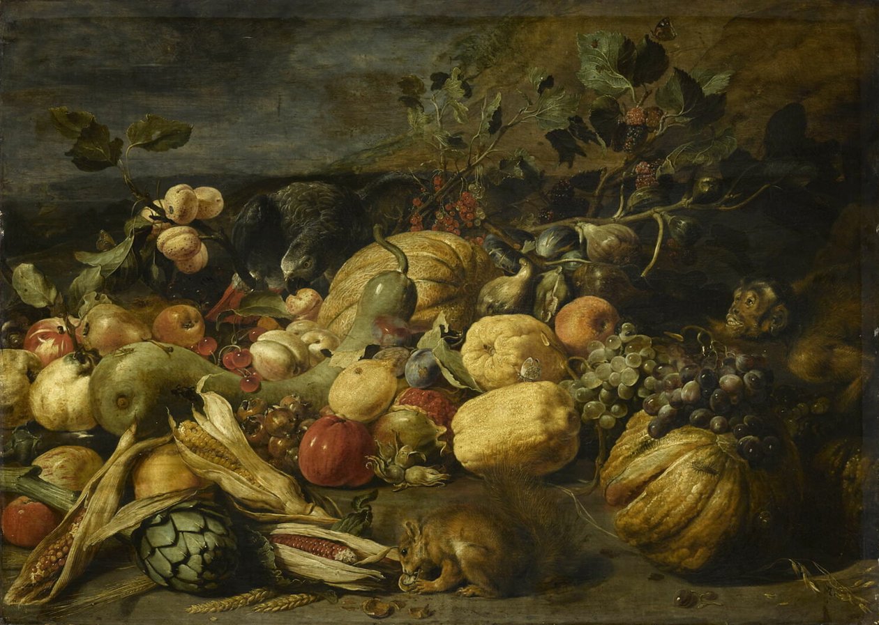 Fruits et légumes avec un singe, un perroquet et un écureuil - Frans Snyders