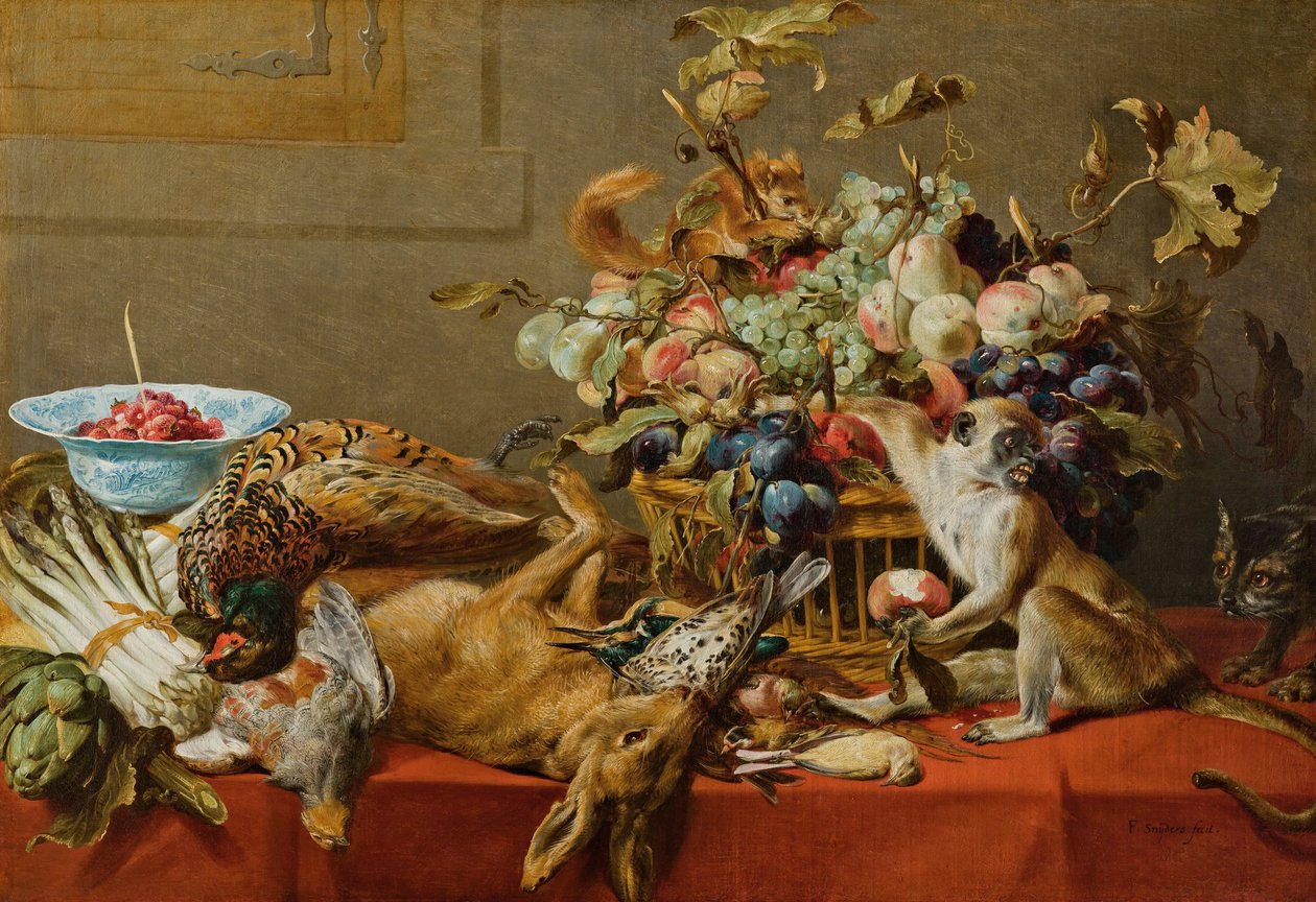Nature morte avec fruits, gibier mort, légumes, singe vivant, écureuil et chat - Frans Snyders