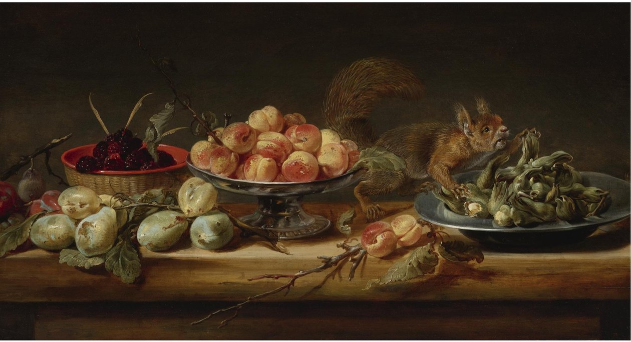Nature morte avec des pêches dans une Tazza, des noisettes sur une assiette en étain, des framboises dans un panier, avec des poires et un écureuil sur une table
huile sur panneau - Frans Snyders
