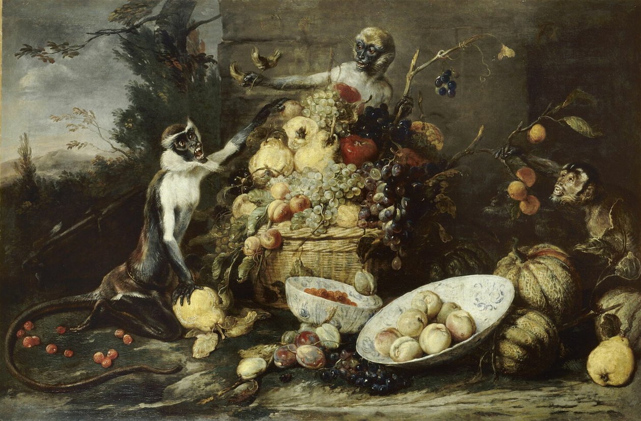 Trois singes volant des fruits, avec vue sur un paysage - Frans Snyders